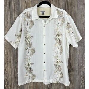 Van Heusen Shirt‎ Mens XL Ivory Button Down Hawaiian Floral Beach Coastal Resort